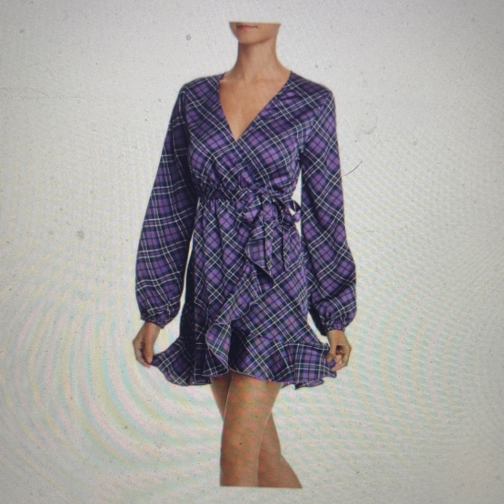 Aqua Purple Plaid Long Sleeve Dress